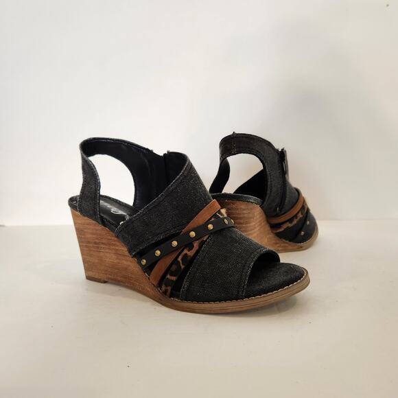 VERY G Jamison Black Brown Canvas Strappy Leopard Print Peep Toe Wedges Womens 8 - Picture 1 of 10